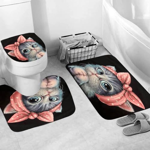Generisch Badematten & Badteppiche Set 3 Teilig Badezimmerteppich Waschbar Badematte rutschfest,Wc Vorleger Mit Ausschnitt Und Badematte, Badvorleger Toilette Teppich 50×80Cm Niedliche Katze von Generisch