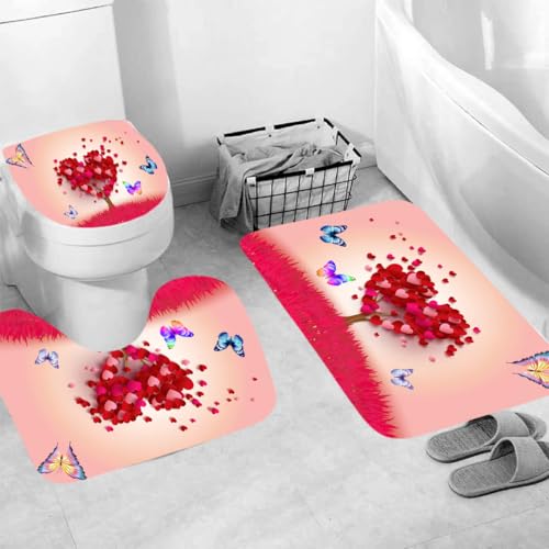 Generisch Badematten & Badteppiche Set 3 Teilig Badezimmerteppich Waschbar Badematte rutschfest,Wc Vorleger Mit Ausschnitt Und Badematte, Badvorleger Toilette Teppich 50×80Cm Schmetterling Liebe von Generisch