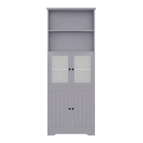 Badezimmer-Hochschrank mit Stauraum, volllackiert, Holztüren, Zwei offene Regale, verstellbare Trennwände, grau 57,4 x 28,5 x 160 cm (Grey) von Generisch