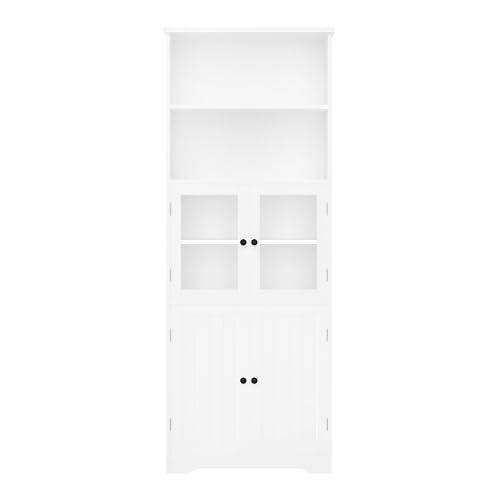 Badezimmer-Hochschrank mit Stauraum, volllackiert, Holztüren, Zwei offene Regale, verstellbare Trennwände, grau 57,4 x 28,5 x 160 cm (White) von Generisch