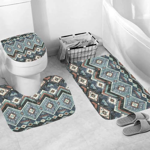 Generisch Badgarnitur 3 Teilig Badezimmerteppich Waschbar Badematte rutschfest,Wc Vorleger Mit Ausschnitt Und Badematte, Badvorleger Toilette Teppich 45X75Cm Böhmischer Stil von Generisch