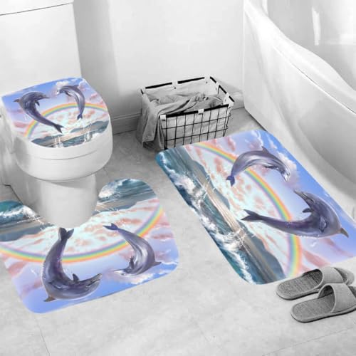Generisch Badgarnitur 3 Teilig Badezimmerteppich Waschbar Badematte rutschfest,Wc Vorleger Mit Ausschnitt Und Badematte, Badvorleger Toilette Teppich 45X75Cm Delphin von Generisch
