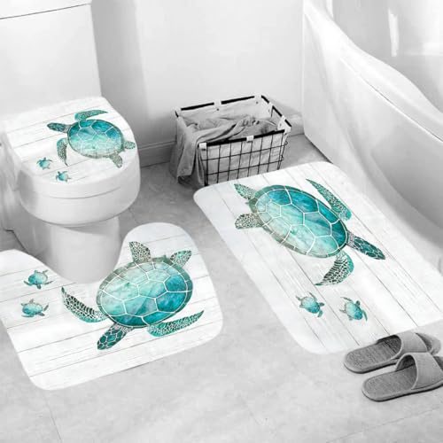 Generisch Badgarnitur 3 Teilig Badezimmerteppich Waschbar Badematte rutschfest,Wc Vorleger Mit Ausschnitt Und Badematte, Badvorleger Toilette Teppich 45X75Cm Meeresschildkröte von Generisch