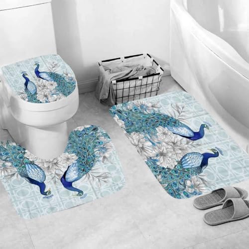 Generisch Badgarnitur 3 Teilig Badezimmerteppich Waschbar Badematte rutschfest,Wc Vorleger Mit Ausschnitt Und Badematte, Badvorleger Toilette Teppich 45X75Cm Pfauen von Generisch