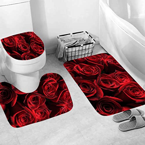 Generisch Badgarnitur 3 Teilig Badezimmerteppich Waschbar Badematte rutschfest,Wc Vorleger Mit Ausschnitt Und Badematte, Badvorleger Toilette Teppich 45X75Cm Rose von Generisch