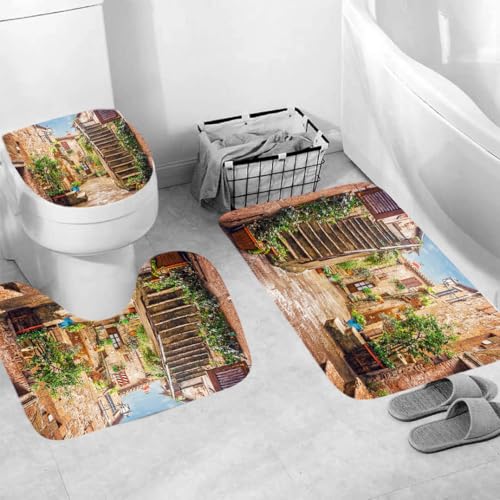 Generisch Badgarnitur 3 Teilig Badezimmerteppich Waschbar Badematte rutschfest,Wc Vorleger Mit Ausschnitt Und Badematte, Badvorleger Toilette Teppich 45X75Cm Straße von Generisch