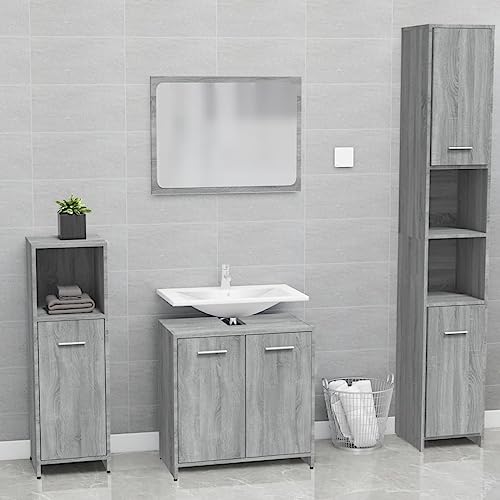 Generisch Badezimmermöbel-Set 2-teilig, mit Spiegel und Unterschrank, aus Holzwerkstoff, mit Stauraum und Griffen, zur Wandmontage, für Bad Gäste-WC, Farbe Grau Sonoma von Generisch