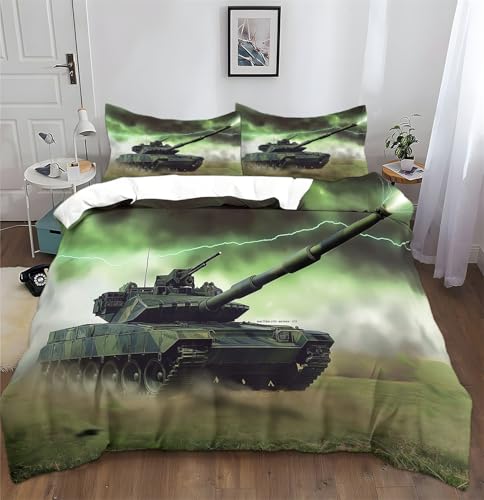 Generisch Bedding Bettwäsche-Set 3 teilig-Mikrofaser Bettbezug Set mit Auto Wiese Panzer 1 Bettbezug 135 x 200 cm + 2 Kopfkissenbezug 80 x 80 cm, Grün von Generisch