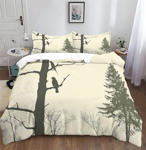 Generisch Bedding Bettwäsche-Set 3 teilig-Mikrofaser Bettbezug Set mit Silhouette Vögel auf Baum 1 Bettbezug 135 x 200 cm + 2 Kopfkissenbezug 80 x 80 cm, Grün von Generisch