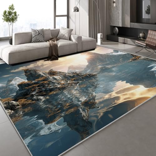Generisch Berge Landschaft Teppich Kinderteppich Modern 3D Natur Teppich Kinderzimmer Kurzflor Teppiche rutschfeste Spielteppiche für Schlafzimmer Wohnzimmer Zimmer 160x230 cm von Generisch