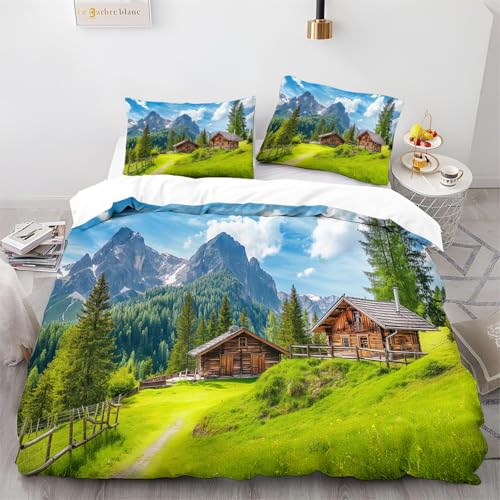 Generisch Berge Und Hütten -Bettwäsche-Set Superweicher,pflegeleichter Mikrofaser-Bettbezug mit Reißverschluss und Zwei Kissenbezügen Grün bedruckter Bettbezug Bettbezug-Set 135 x 200 cm von Generisch