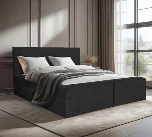 Generisch Bett Doppelbett Boxspringbett Berg POSO mit Bonell-Matratze Ohne Topper + 2 Bettkästen, H3 (Schwarz: POSO 135, 160 x 200 cm) von Generisch