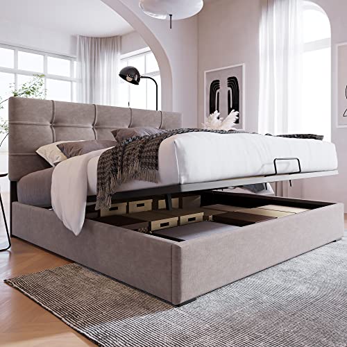 Generisch Bett mit Bettkasten, 140 x 200 cm, mit Lattenrost, verstellbarem Kopfteil, hydraulisches Doppelbett mit Stauraum, Samt, Hellgrau von Generisch