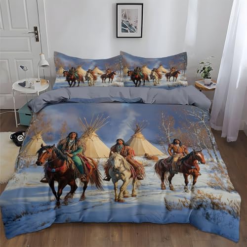 Generisch Bettbezug-Set 135 x 200 cm Mädchen Kinder DREI Indianer zu Pferd Dunkelgelb Und Weiß Mikrofaser,Bettbezug mit Reißverschluss und 2 Kissenbezug 80x80cm von Generisch