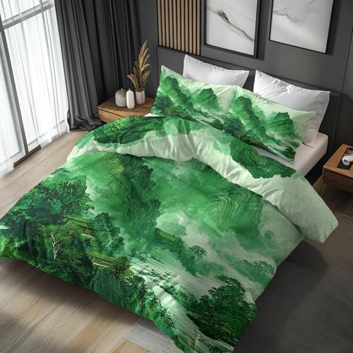 Generisch Bettwäsche 135x200 Asiatische Kunst Chinesisch - Schlafzimmer Deko Bettbezug 135 x 200 2tlg Grüne Berg Landschaft Muster, 1 Kissenbezug 80x80, mit Reißverschluss, Weich Mikrofaser JD#79 von Generisch