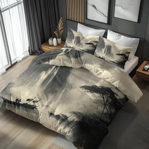 Generisch Bettwäsche 135x200 Chinesische Kunst Berg Landschaft - Schlafzimmer Deko Bettbezug 135 x 200 2tlg Asiatisch Wasserfall Muster, 1 Kissenbezug 80x80, mit Reißverschluss, Weich Mikrofaser JD#64 von Generisch