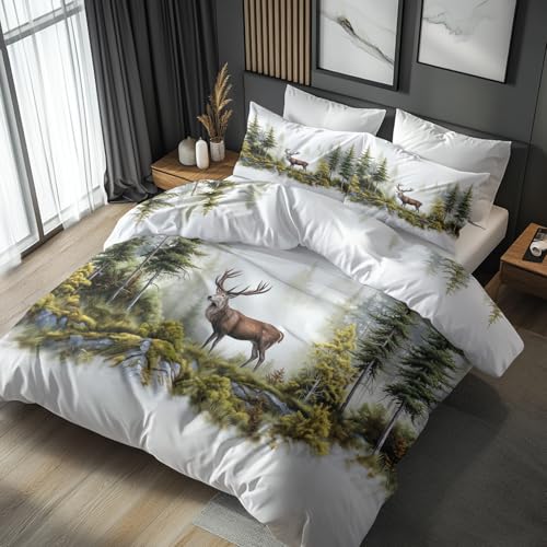 Generisch Bettwäsche 135x200 Grün Wald Hirsch - Schlafzimmer Deko Bettbezug 135 x 200 2tlg Wald Jagd Wildtiere Muster, 1 Kissenbezug 80x80, mit Reißverschluss, Weich Mikrofaser JD#184 von Generisch