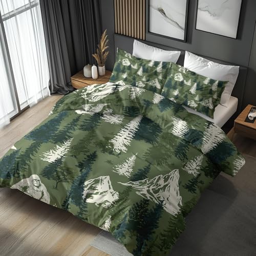 Generisch Bettwäsche 135x200 Karikatur Bergbaum - Schlafzimmer Deko Bettbezug 135 x 200 2tlg Grüner Wald Botanisch Muster, 1 Kissenbezug 80x80, mit Reißverschluss, Weich Mikrofaser JD#124 von Generisch