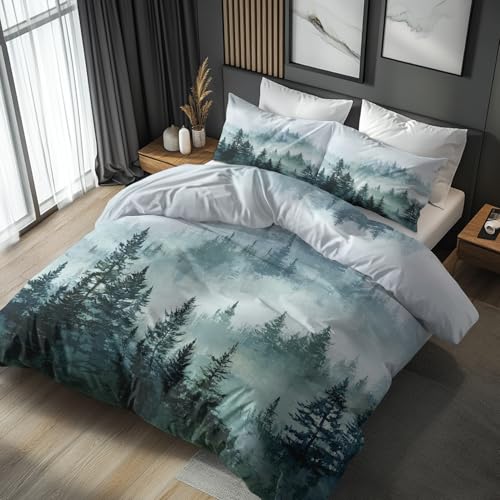 Generisch Bettwäsche 135x200 Nebelverhangener Wald - Schlafzimmer Deko Bettbezug 135 x 200 2tlg Nebelige Wald Landschaft Muster, 1 Kissenbezug 80x80, mit Reißverschluss, Weich Mikrofaser JD#119 von Generisch