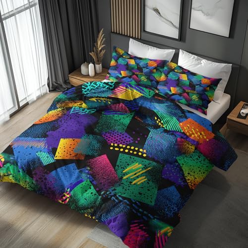 Generisch Bettwäsche 135x200 Retro 80er Jahre Geometrisch - Schlafzimmer Deko Bettbezug 135 x 200 2tlg Bunt Farbenfroh Abstrakt Muster, 1 Kissenbezug 80x80, mit Reißverschluss, Weich Mikrofaser JD#159 von Generisch