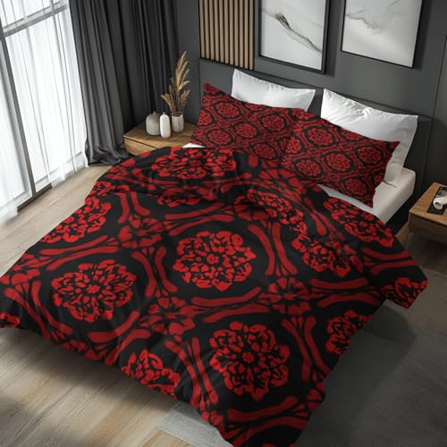 Generisch Bettwäsche 135x200 Rot Schwarz Bluming - Schlafzimmer Deko Bettbezug 135 x 200 2tlg Retro Vintage Blumen Gotik Muster, 1 Kissenbezug 80x80, mit Reißverschluss, Weich Mikrofaser JD#99 von Generisch