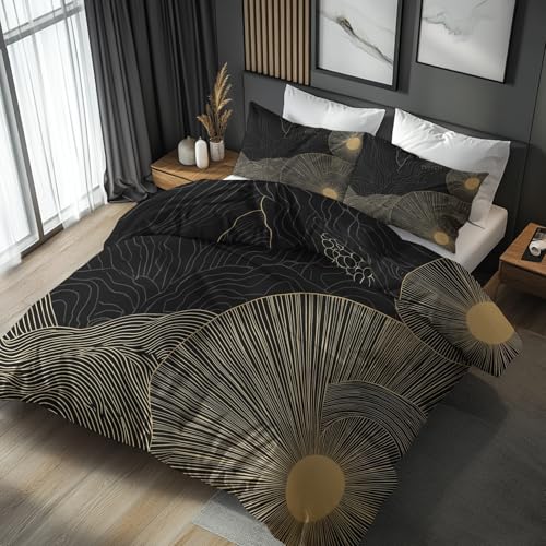 Generisch Bettwäsche 135x200 Schwarz Gold Geometrisch - Schlafzimmer Deko Bettbezug 135 x 200 2tlg Abstrakte Moderne Kunst Muster, 1 Kissenbezug 80x80, mit Reißverschluss, Weich Mikrofaser JD#89 von Generisch