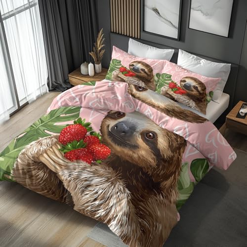 Generisch Bettwäsche 135x200 Süßes Faultier - Schlafzimmer Deko Bettbezug 135 x 200 2tlg Tropisches Blatt Erdbeerherz Muster, 1 Kissenbezug 80x80, mit Reißverschluss, Weich Mikrofaser JD#164 von Generisch