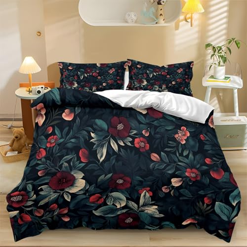 Generisch Bettwäsche-Set 135 x 200 cm Dschungelpflanzen Blumen Mikrofaser Blätter mit Reißverschluss und 2 Kissenbezug 80 x 80 cm Dunkelgrün von Generisch