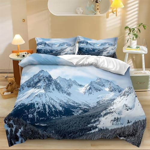 Generisch Bettwäsche-Set Schneebedeckte Berge mit Wäldern Bedruckte Weiß Bettdeckenbezug Mit Reißverschluss, dreiteiliger Mit Kissenbezug Bettbezug Set Microfaser 135 x 200 cm von Generisch