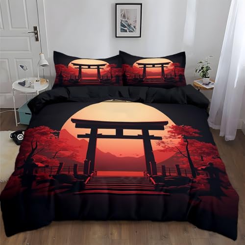 Generisch Bettwäsche-Sets 135 x 200 cmEinfache Torii im japanischen Stil, Bettbezug mit 2 Kissenbezügen, Print, Rot Und Schwarz Kinder Teenager Erwachsene Geschenk Polyester-Bettbezug von Generisch