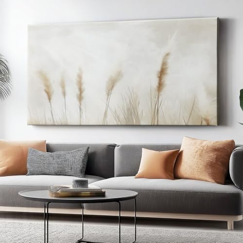 Generisch Bild auf Leinwand 120 x 80 cm, Wohnzimmer Schlafzimmer Leinwand Abstrakt Pampasgras Ölgemälde Kunstdruck, Modernes Wandbild Kunstdruck Poster Druck (rahmenlos) Hellgelb Weiß von Generisch