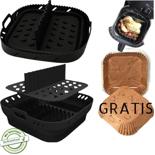 Generisch Biznella 3in1 Silikonform für Heißluftfritteuse 21.5cm XXL silikon backform, zubehör,Wiederverwendbar +GRATIS backpapier 100Stück airfryer pergamentpapier von Generisch