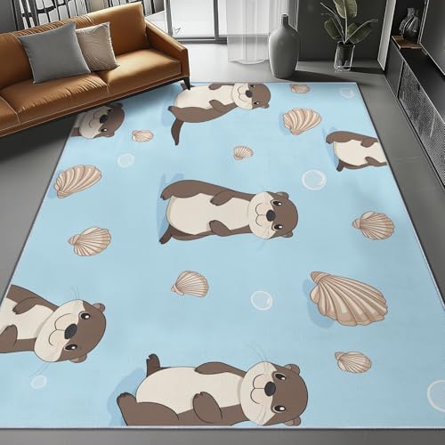 Generisch Blau Flanell Teppich 60 x 90 cm rutschfest Pflegeleicht, Cartoon Muscheln Otter Teppiche für Wohnzimmer Flur Küche, Dekorativ Teppich Weich Langlebig Schmutzabweisend von Generisch