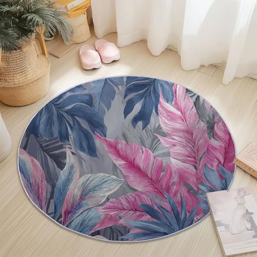 Generisch Blau Rosa Runder Teppich 60 cm, Eingangsbereich Läufer Aquarell Tropische Blätter, Muster Kleiner Runder Teppich für die Küche, rutschfest & waschbar von Generisch