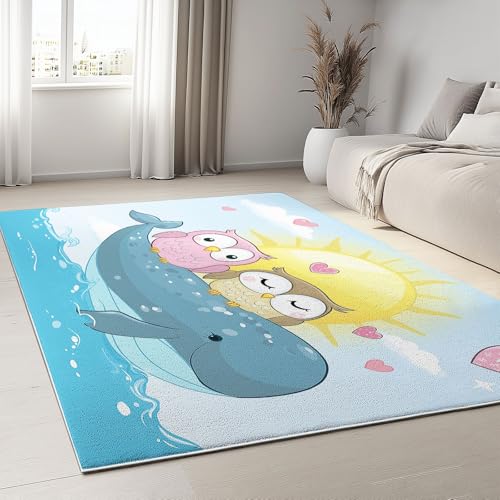 Generisch Blau Teppich Cartoon Eule Wal 80x150 cm Dekoration Schlafzimmer Kinderzimmer Wohnzimmer, Modern rutschfest Waschbar Flanell Kinderteppiche Fußmatten von Generisch