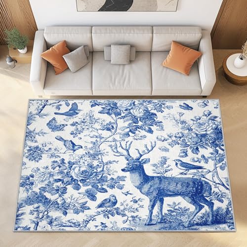 Generisch Blau Toile de Jouy Kurzflor Teppich Wohnzimmer 240x300 cm Blumen Vogel Hirsch Teppiche Waschbar Weich - Retro Woodland Carpet Groß für Schlafzimmer und Esszimmer Generisch Blau Toile de Jouy Kurzflor Teppich Wohnzimmer 240x300 cm Blumen Vogel Hirsch Teppiche Waschbar Weich - Retro Woodland Carpet Groß für Schlafzimmer und Esszimmer von Generisch