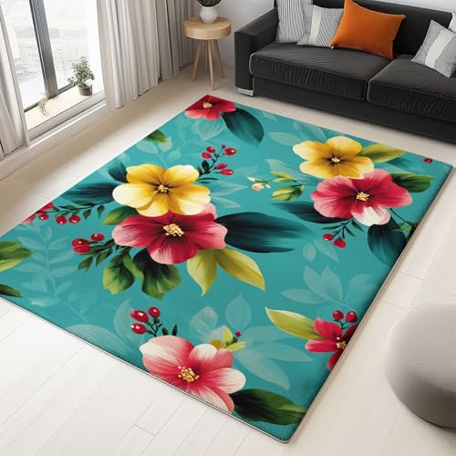 Generisch Blaugrün Waschbarer Teppich 60 x 90 cm, Retro Blumen Illustration Kurzflor Extra Weich Pflegeleicht Teppiche rutschfest Fusselfrei Läufer für Wohnzimmer Schlafzimmer Küche Generisch Blaugrün Waschbarer Teppich 60 x 90 cm, Retro Blumen Illustration Kurzflor Extra Weich Pflegeleicht Teppiche rutschfest Fusselfrei Läufer für Wohnzimmer Schlafzimmer Küche von Generisch
