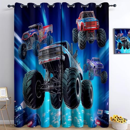 Generisch Blickdicht Vorhang Ösenschal Verdunkelungsvorhang 3D Cartoon-Monstertruck Gardinen Kinderzimmer Wohnzimmer Thermovorhang Polyester H183 x B117 cm 2Er Set von Generisch