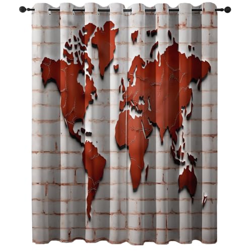 Generisch Blickdichte Vorhänge Retro Karte Ziegelwand Thema, Rot Ösen Geräuschreduzierender Verdunkelungsvorhänge H 214 cm x B 91.5 cm（2er Pack - für Balkon Terrasse Pergola Schlafzimmer von Generisch