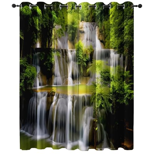 Generisch Blickdichte Vorhänge Windlandschaft Wasserfall Wald Thema, Grün Ösen Geräuschreduzierender Verdunkelungsvorhänge H 214 cm x B 91.5 cm（2er Pack - für Balkon Terrasse Pergola Schlafzimmer von Generisch