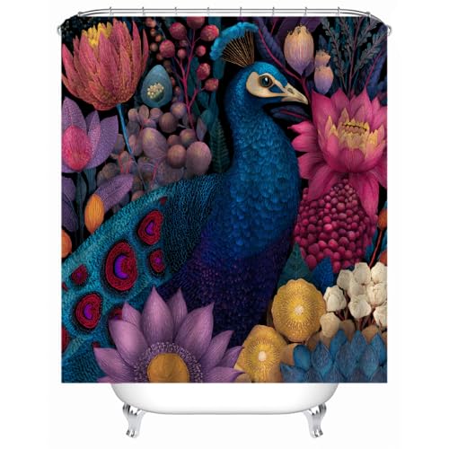 Generisch Blumen Pfauen Duschvorhänge Bad Waschbar 3D Druck Badvorhang Polyester-Stoff Wasserdicht Duschvorhang Für Badewanne Mit 12 Kunststoffhaken Duschvorhang 120X180Cm von Generisch