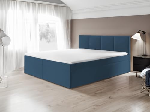 Generisch Boxspringbett Bett Doppelbett ARIS mit Bonell-Matratze und Topper T25 + 2 Bettkästen, H3 (Dunkelblau - Fuego 161, 180x200) von Generisch
