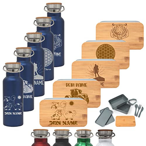 Generisch Brotdose und Trinkflasche mit Namen personalisiert Set, Lunchbox mit Bambusschneidbrett 2x500ml und Besteckset samt Isolierflasche aus Edelstahl (Blau) von Generisch