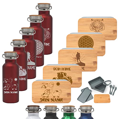 Generisch Brotdose und Trinkflasche mit Namen personalisiert Set, Lunchbox mit Bambusschneidbrett 2x500ml und Besteckset samt Isolierflasche aus Edelstahl (Rot) von Generisch