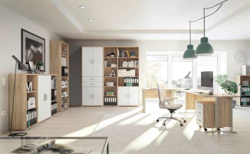 Generisch Büromöbel Office Line 9 teilig in Eiche Sonoma und Weiß Komplett Set mit Eckschreibtisch inklusive Rollcontainer, EIN 3 teiliges Highboard, großen Regalen und Aktenschränken … von Generisch