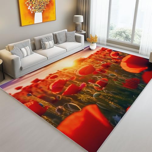 Generisch Bunt Druck Teppich, Natur Mohnfeld Muster rutschfest Waschbar Teppich, 140 x 200 cm Weich Flanell teppiche für Schlafzimmer SchmüCken Schlafsaal Schule Kindergarten Krabbelmatte von Generisch