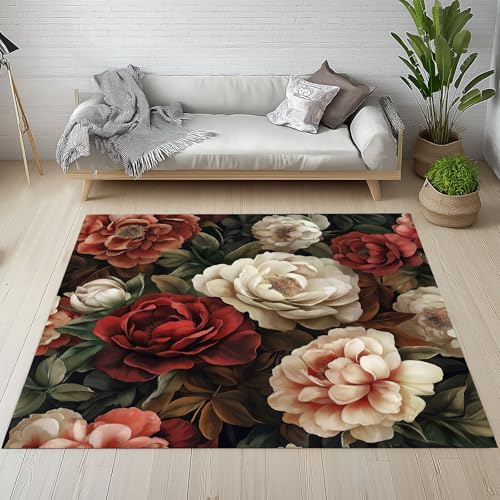 Generisch Bunt Pfingstrose Teppich Weicher Kurzflor 200 x 290 cm Blumenmuster Carpet rutschfest Waschbarer Teppiche für Wohnzimmer Schlafzimmer Bürostuhl Kinderzimmer von Generisch