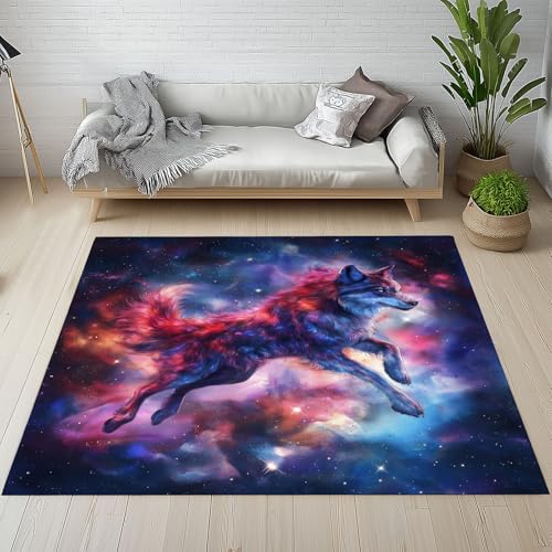 Generisch Bunt Wolf Tier Teppich Weicher Kurzflor 200 x 290 cm Tierwelt Malerei Carpet rutschfest Waschbarer Teppiche für Wohnzimmer Schlafzimmer Bürostuhl Kinderzimmer von Generisch