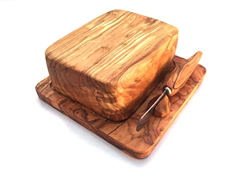 Generisch Butterdose mit Buttermesser im 3er Set geeignet für 250 g Stück deutsche Butter handgefertigt aus Olivenholz von Generisch