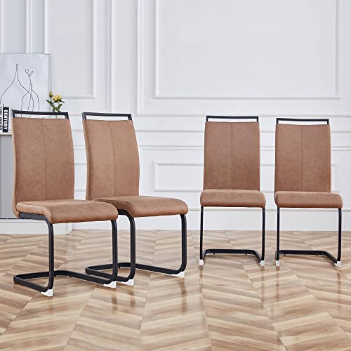 Generisch Cantilever Chair Set of 4, High Backrest, PU Faux Leather, Linen, Metal Frame, Modern Upholstered Chairs for Dining Room, Kitchen, Living Room, Conference Room von Generisch